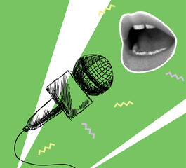 Vector music collage with sketch of microphone and lips in halftone