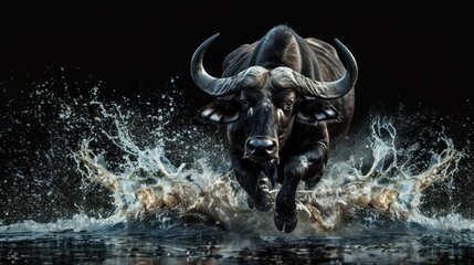 buffalo in black background with water splash