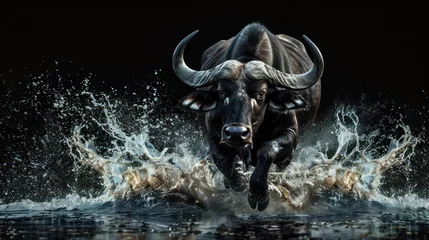 Badezimmer Foto Rückwand buffalo in black background with water splash © Balerinastock