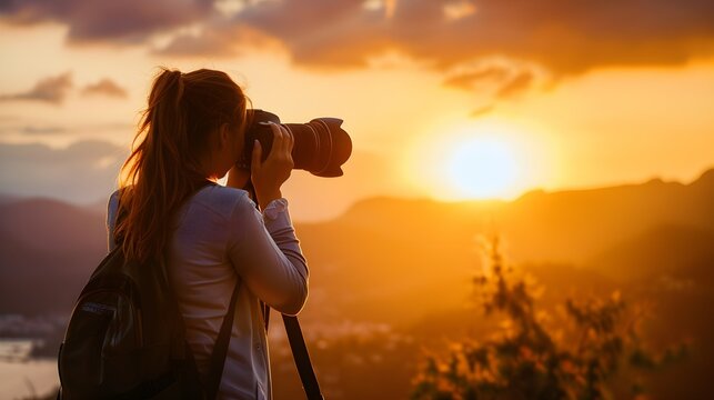 Artistic female photographer capturing a stunning sunset 