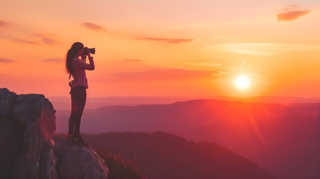 Artistic female photographer capturing a stunning sunset - Powered by Adobe