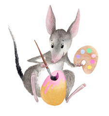 Cute bilby and easter egg. Watercolor illustration. 