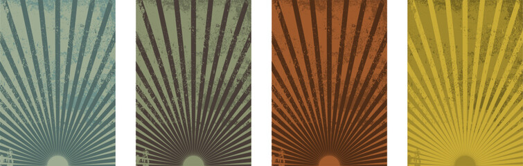 Vektor Set Hintergründe mit Grunge Textur Strahlen - Symmetrische Linien - Dreifarbige Design Elemente als Vorlage für Poster, Flyer Plakat