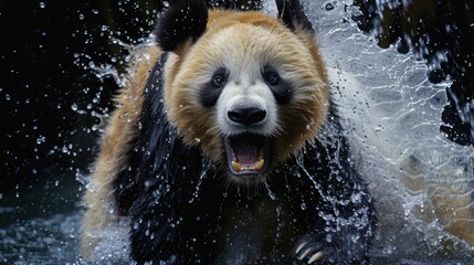 Angry panda in black background with water splash