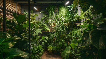A vibrant, verdant scene with thriving green foliage indoors. 
