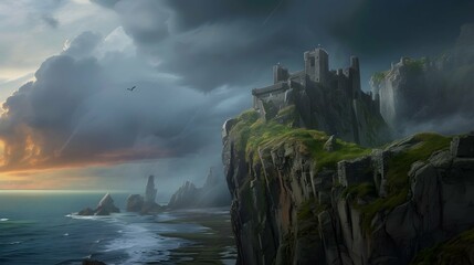 a storm brewing over a castle on a cliff