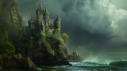a storm brewing over a castle on a cliff - obrazy, fototapety, plakaty