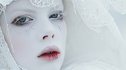 High fashion girl with white makeup. Red lips. Snow-white skin.