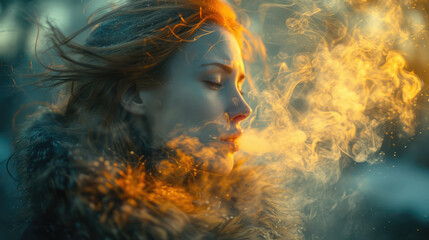 A woman in winter clothes exhales smoke on a frosty morning on the street.