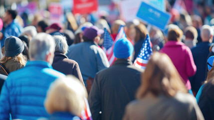 Public demonstration. Protest. The crowd supports the candidate in the elections. Blurred image.