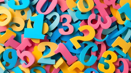 A pile of colorful paper notes with numbers and punctuation marks. Colorful numbers background. Top view with space for copy text.
