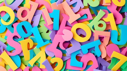 A pile of colorful paper notes with numbers and punctuation marks. Colorful numbers background. Top view with space for copy text.