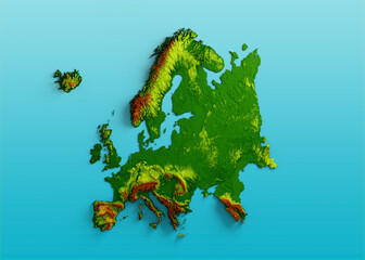 Europe Map Shaded Relief Color Height Map On Sea Blue Background 3d Illustration