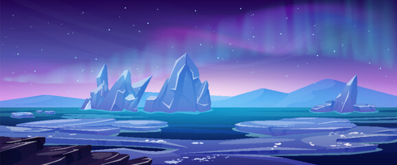 North pole landscape with aurora borealis. Vector cartoon illustration of winter seascape with ice pieces floating on cold water surface, snowy mountains on horizon, northern lights in starry sky - obrazy, fototapety, plakaty