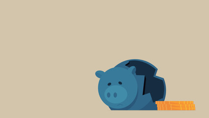 Vector illustration of broken piggy bank and little money.