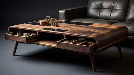 a minimalist coffee table with hidden storage compartments.