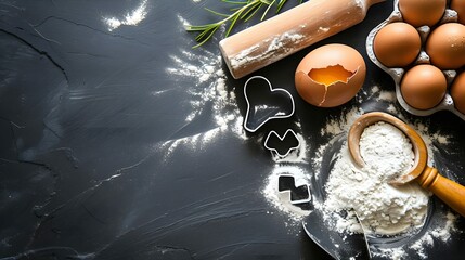 A culinary background with flour, a rolling pin, eggs, and a heart shaped cookie cutter is shown on a dark kitchen tabletop perspective. Flat lay design