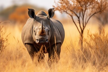 Majestic black rhinoceros roaming the african savanna - wildlife and nature photography
