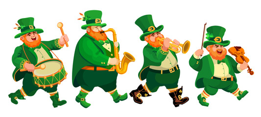 Four funny fat musicians in leprechaun costumes. People with a drum, trumpet, violin, saxophone. Cartoon characters on white. Flat-style Illustration for St. Patrick's Day, Irish holiday. Vector. - obrazy, fototapety, plakaty