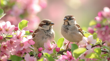 Two sparrows sit on a branch with a tree in the background, generative ai