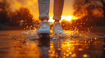 Feet splashing in puddle.