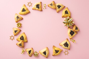 Fototapeta na wymiar Purim celebration menu design featuring top view hamantaschen cookies, Star of David decor, shimmering gold party accessories, all on soft pink surface with central space reserved for your message