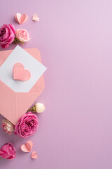 8 March gesture. Top view vertical shot of revealing envelope with a personal card, paper hearts, and lush rose flowers on a pastel purple foundation, with vacant space for text or promotional content
