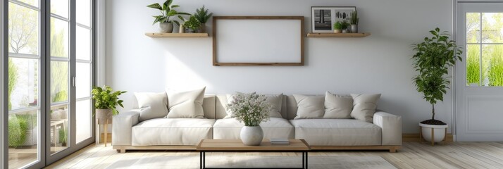 empty poster frame on the wall in living room interior with modern furniture and cool green plant decoration, white sofa and window with bright sunlight 3d