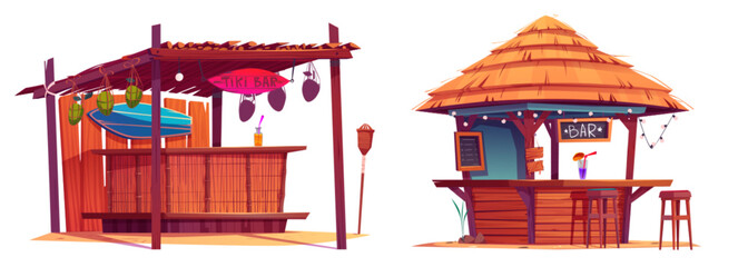 Beach tiki bar with surfboard. Cartoon vector illustration set of summer sea sand shore cafe with cocktails and fruits. Hawaiian tropical wooden and bamboo shack with thatch or straw roof. - obrazy, fototapety, plakaty