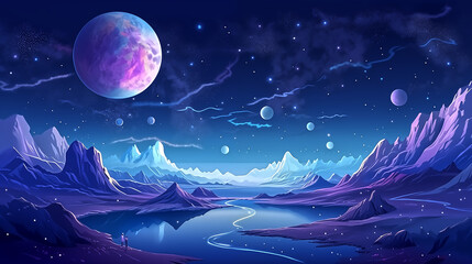 Space planet surface landscape with starry sky in cartoon style