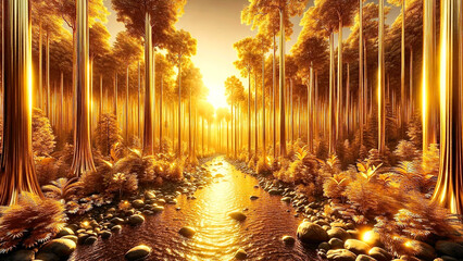 黄金の森の中を流れる川から眺めるアングル