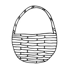 Doodle illustration with wicker basket. Picnic basket, for harvesting. Easter egg basket. Monochrome doodle style elements isolated on white background. Hand drawn sketch.