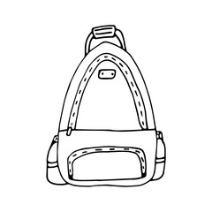 Doodle illustration with small hiking backpack. School backpack. Camping equipment. Monochrome doodle style elements isolated on white background. Hand drawn sketch.