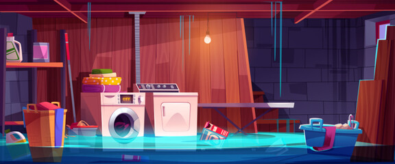 Flooded house basement room with damaged laundry equipment, boxes and hamper with clothes. Cartoon vector illustration of full of leaked water storehouse interior with washing and dryer machine. - obrazy, fototapety, plakaty