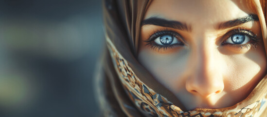 Portrait of a young Arab model in hijab with blue eyes. Traditional clothing. Banner - obrazy, fototapety, plakaty