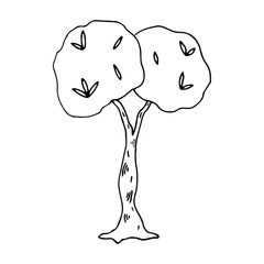 Doodle illustration decorative small tree. Fruit garden tree. Monochrome doodle style elements isolated on white background. Hand drawn sketch.