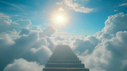 Stairs to heaven visualization Stone stairs going up to the cloudy sky visualization Bright light visible in clouds representing heaven, Generative AI