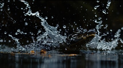 Crocodile in mesmerizing scene with black background and water splash