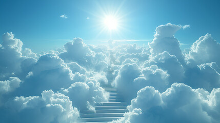 Stairs to heaven visualization Stone stairs going up to the cloudy sky visualization Bright light visible in clouds representing heaven, Generative AI - obrazy, fototapety, plakaty