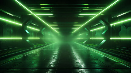 Futuristic neon laser glowing bunker with green lights and concrete walls