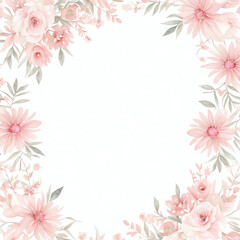 Fototapeta na wymiar Square Vector watercolor pink flower, plant border white paper background, invitation card