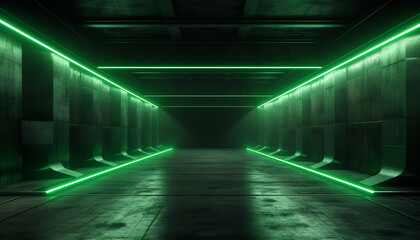 Futuristic neon laser glowing bunker with green lights and concrete walls