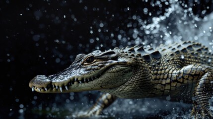 crocodile in black background with water splash