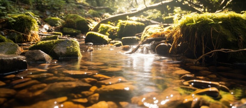 small river in the forest, with flowing water and stones