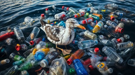 A seagull is standing in the middle of a pile of plastic bottles and other plastic debris floating on the water.