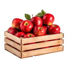 Red Apples fruit in wooden box transparent background