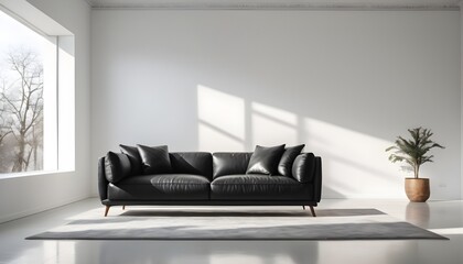 Black leather sofa in an empty white room