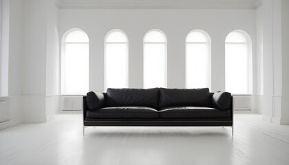 Black modern sofa in an empty white room, arch windows behind