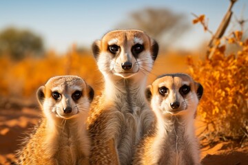 Fototapeta premium Heartwarming encounter. a playful meerkat family navigating the magnificent african safari landscape