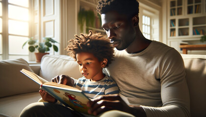 African father reading a book to his children.Reading to young children is proven to improve cognitive skills and help along the process of cognitive development and Improved language skills
